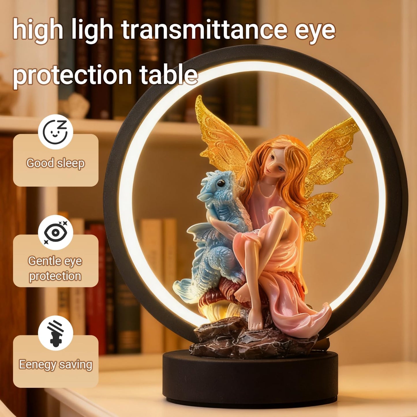 Hmusnwol Fairy Dragon Figurine Lamp - Fairy Collection Pixie Statue with 6.15 inch LED Circle Table Lamp for Gifts,Fantasy/Bedroom/Bookshelf/Desk Decoration