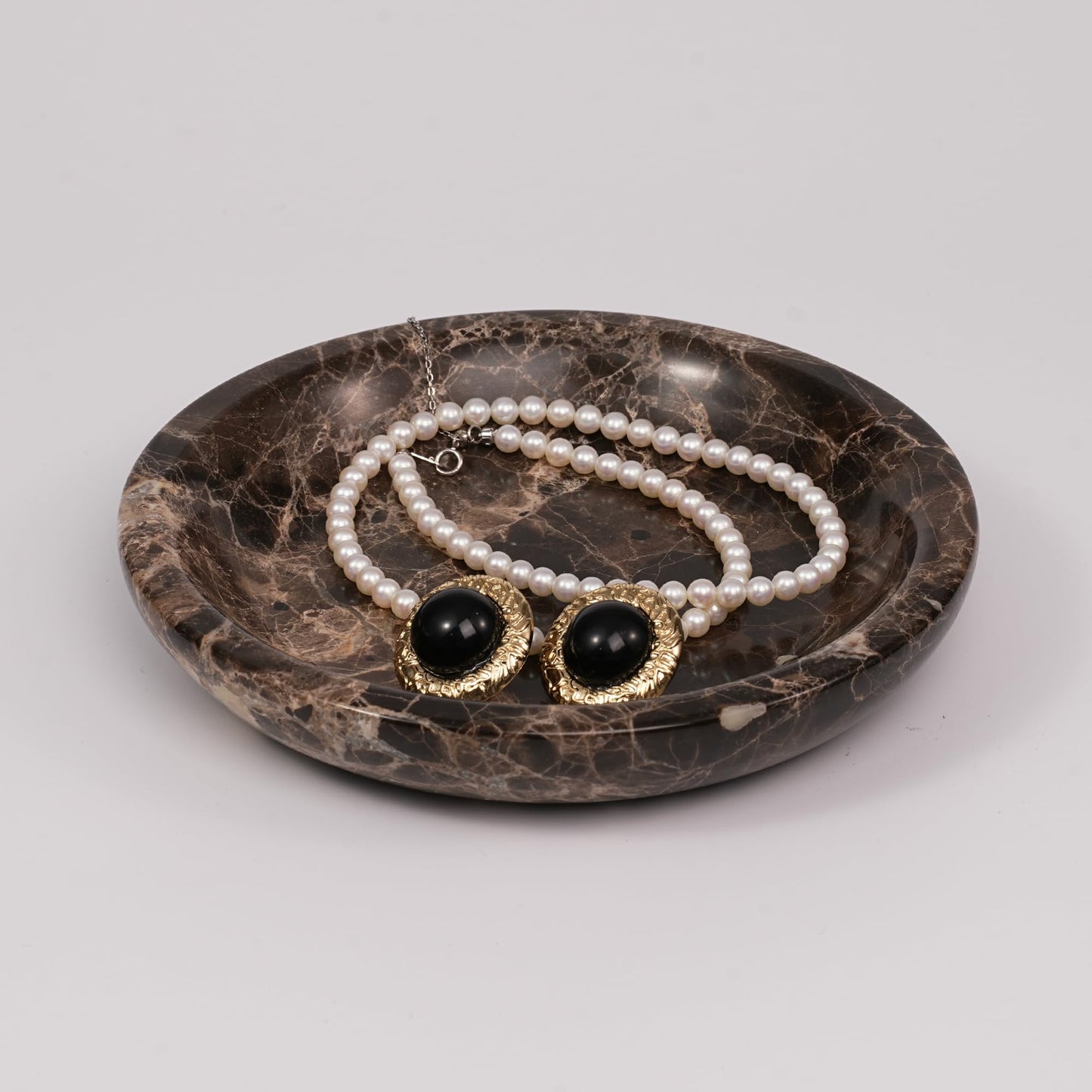 LWALMS Brown Marble Jewelry Tray - Stone Trinket Ring Key Purse Holder Dish, Small Cute Round Plate Decorative Bowl for Nightstand Entryway Coffee Table Decor (5.5 inch)