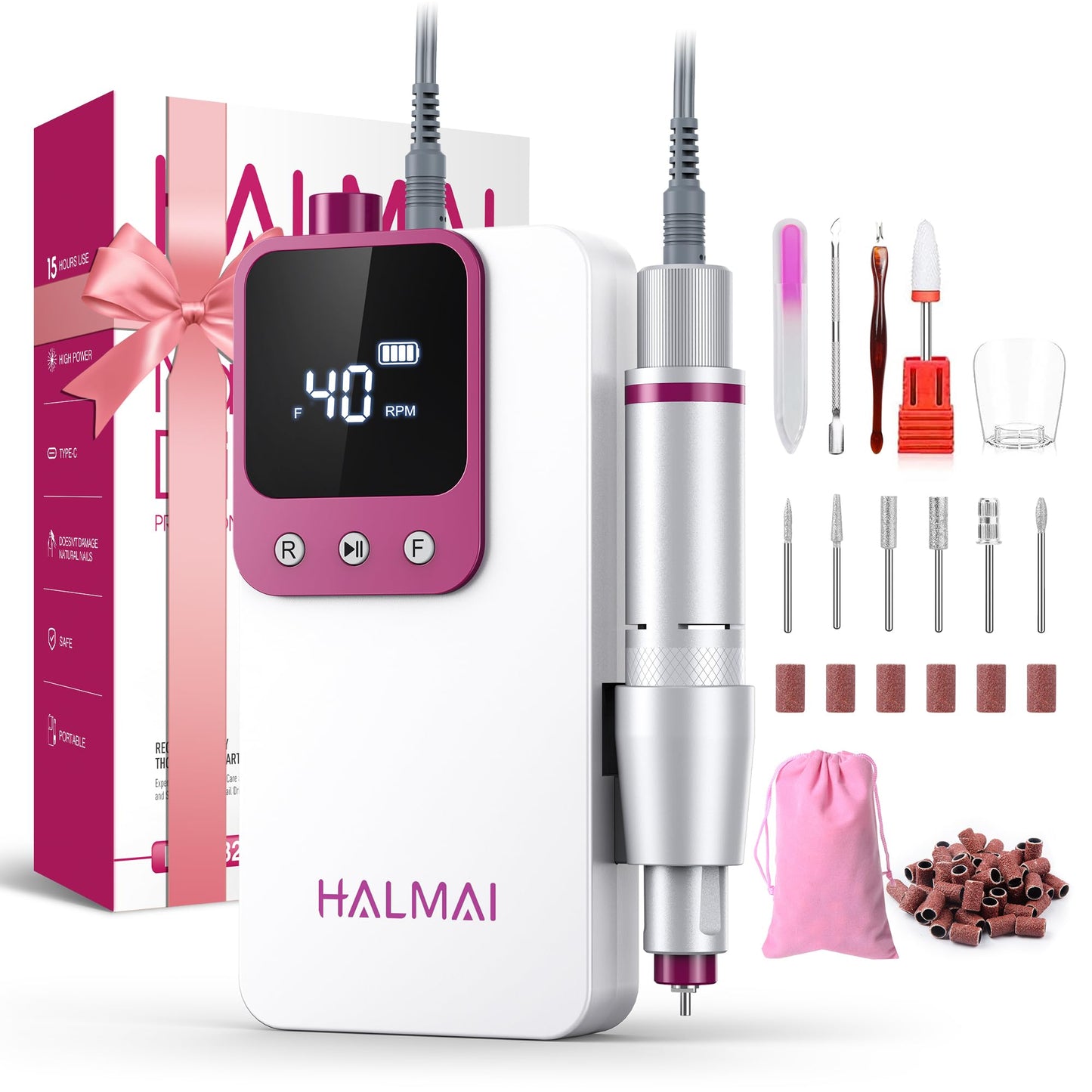 Electric Nail Drill Professional, Portable Nail File for Acrylic Gel Nails, Cordless Rechargeable Ultra Power Nail Drill Kit 40000RPM, HMC320 Salon-Grade Efile Nail Machine (Dark Grey)