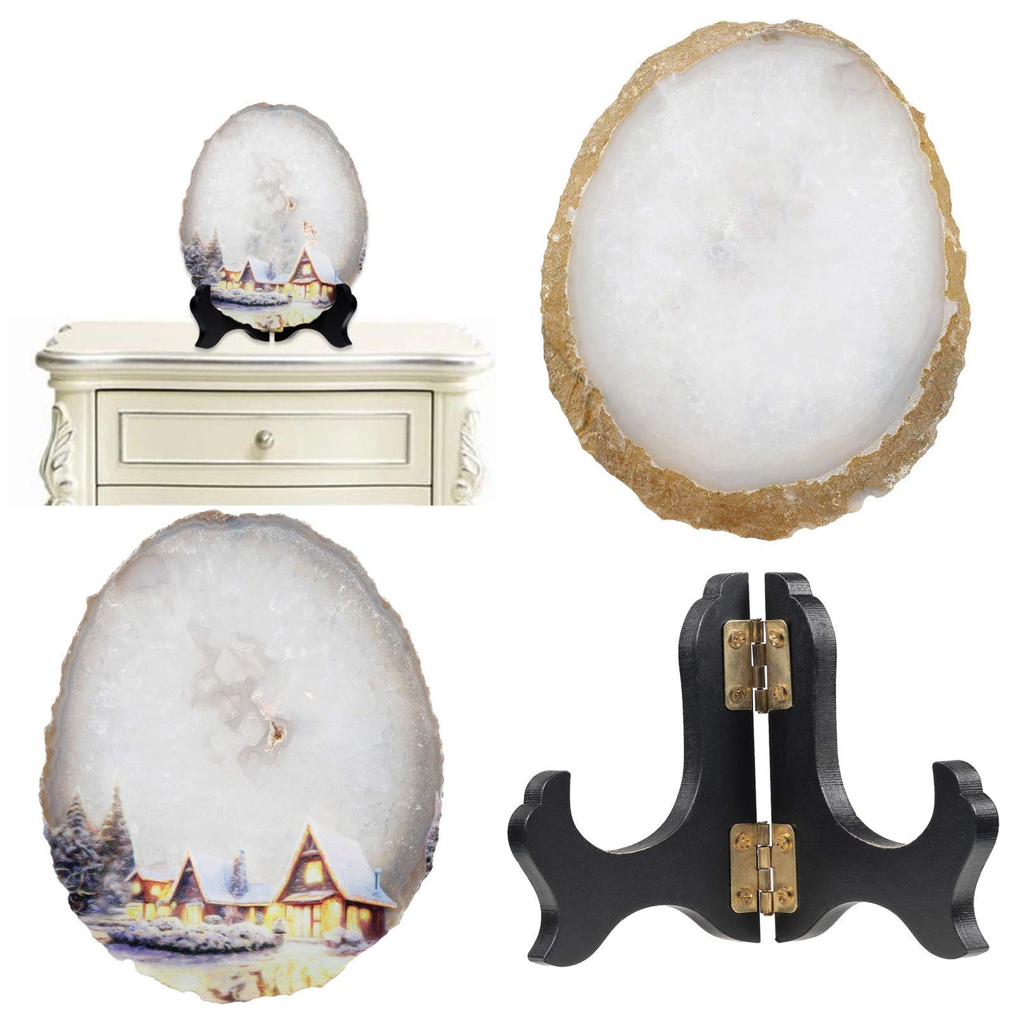 mookaitedecor Natural Agate Slice Art Print Village Life Figure Table Display with Wooden Stand, Irregular Agate Geode Stone Figurine for Office & Home Decoration