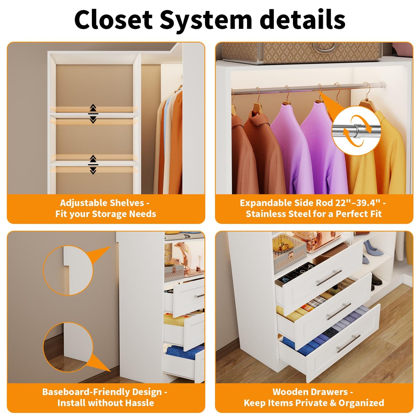 Closet System with 9 Drawers, Corner Closet Organizer Systems with 9 Shelves & 9 Hanging Rods L-Shaped Walk in Closet Freestanding Corner Tower Modular Storage System 4 Sets 2800+ Lbs Capacity White