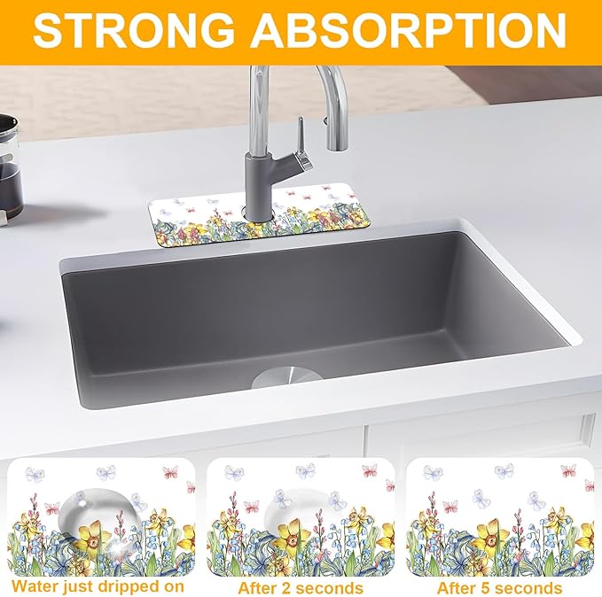 2 Pack Butterfly Floral Sink Splash Guard Faucet Mat Rose Lily Tulip Peony