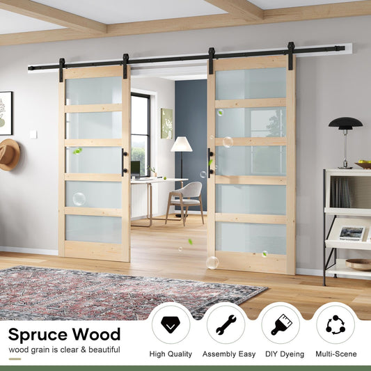 ROYMELO Double 36x84 inch Glass Sliding Barn Door Slab with 6.6ft Hardware Kit