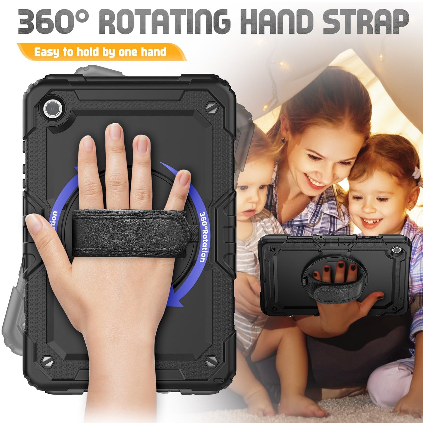 SEYMCY Case for Samsung Galaxy Tab A9+/ A9 Plus 11 Inch 2023, Full Body Shockproof with Screen Protector, 360° Rotating Hand Strap & Stand, Shoulder Strap for Samsung A9 Plus Tablet Case, Black