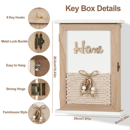 GMPAJHL Key Holder for Wall, Rustic Wooden Wall Mount Key Box with 6 Hooks, Farmhouse Key Storage Organizer Key Rack for Entryway Hallway Office, Boho Home Decor