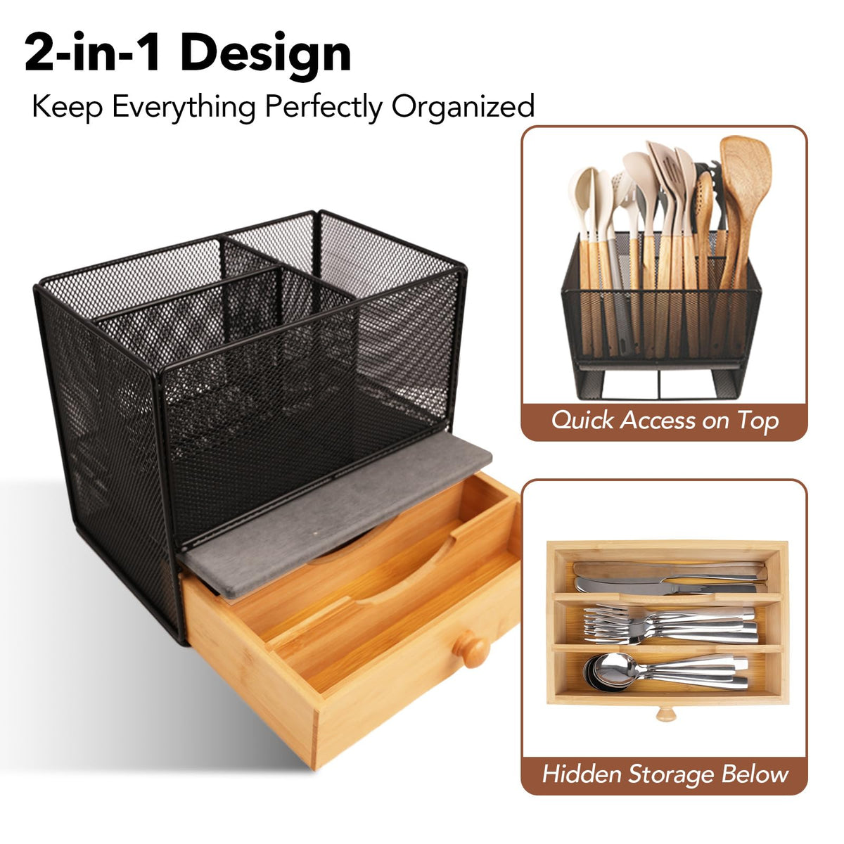 Kitchen Utensil Holder Countertop, Extra Large Utensil Organizer with Drawer, 2-Tier Utensil & Silverware Organizer for Kitchen Counter, Cooking Utensil Cutlery Caddy, Quick Dry Diatomite Base