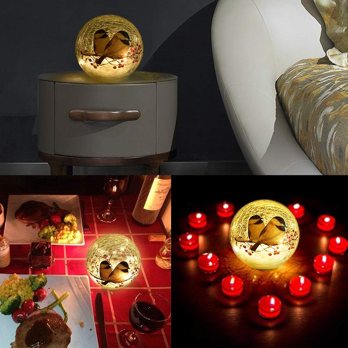 Glass Ball LED Night Lamp with Timer (6 Hour On/18 Hour Off), Showcasing 2 Birds on a Tree - 5.9 inch Battery Powered Lights Globe lamp Christmas Lights for Festive Decor and Girls Gift