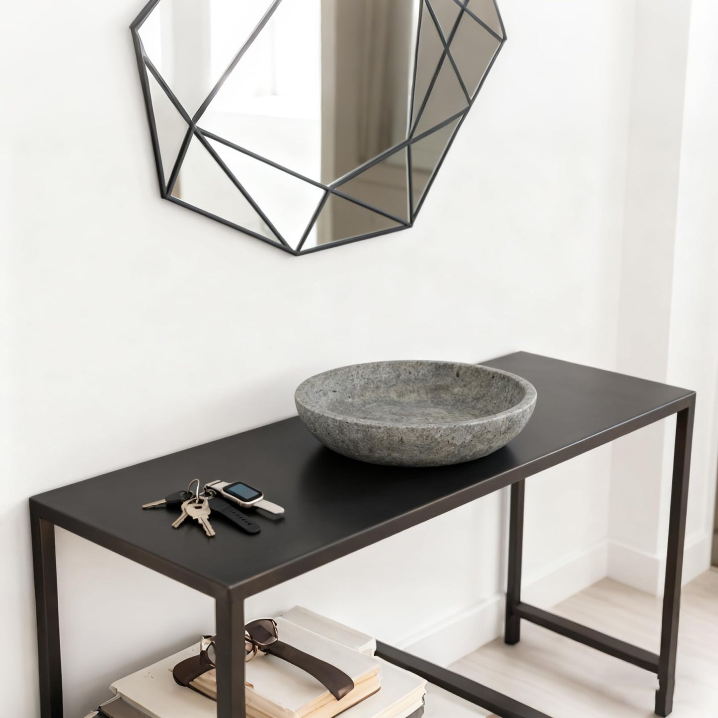Silver Gray Travertine Bowl, 7.8" Modern Natural Stone Centerpiece for Industrial Home Decor, Handmade Fruit Bowl, Futuristic Tabletop Sculpture,Kitchen Counter, Entryway & Office Desk Organizer