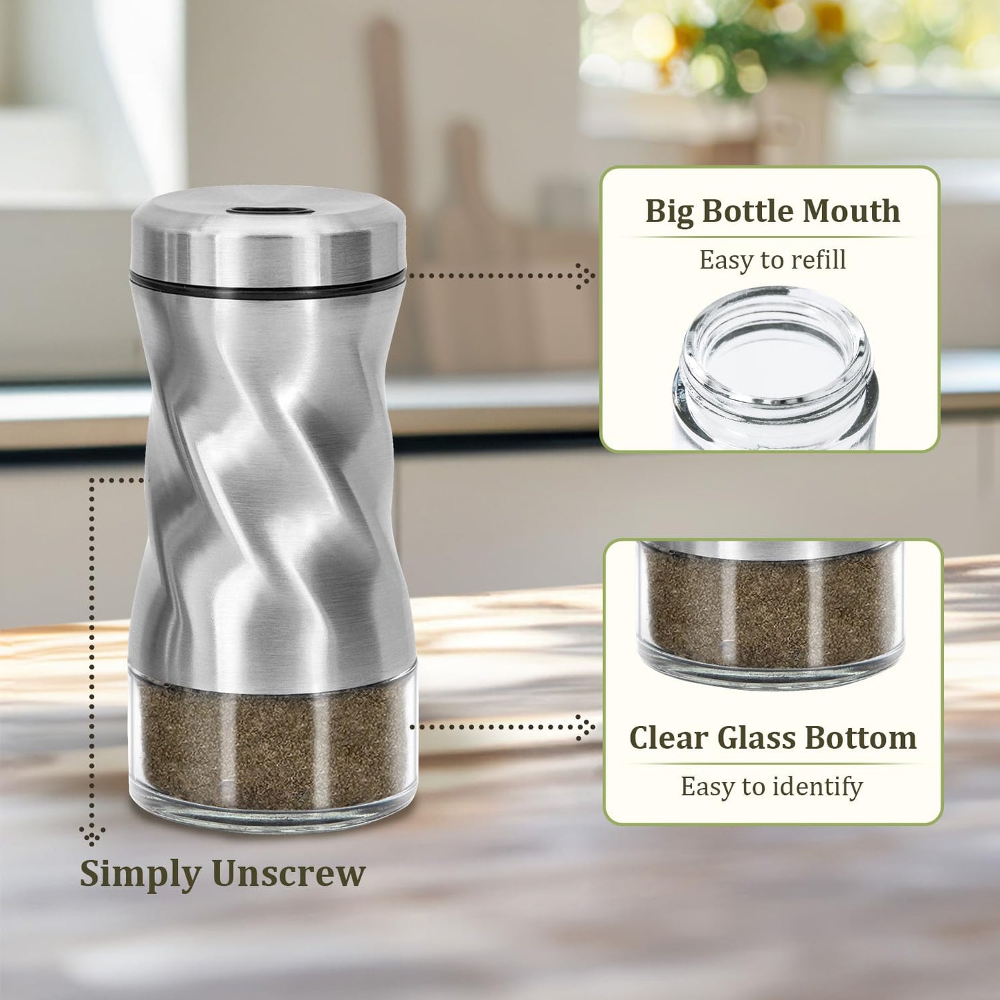 Glass Salt and Pepper Shakers Set, Adjustable Pour Holes for Fine or Coarse Spices, 4 oz Glass Salt Shaker, Refillable Spice Shakers for Himalayan & Kosher Salt, Pepper, Cinnamon – For Kitchen & Table