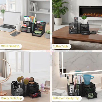 ReePlan Mesh Desk Organizer, Pen Organizer with 2 Drawers and 5 Compartments, Versatile Pen Holder for Small Space, Desk Organizers and Accessories for School Office Supplies, Black