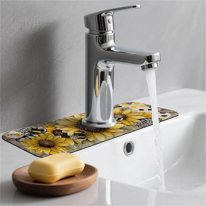 Kitchen Sink Splash Guard，Sunflower-with bumblebees Faucet Mat Sink