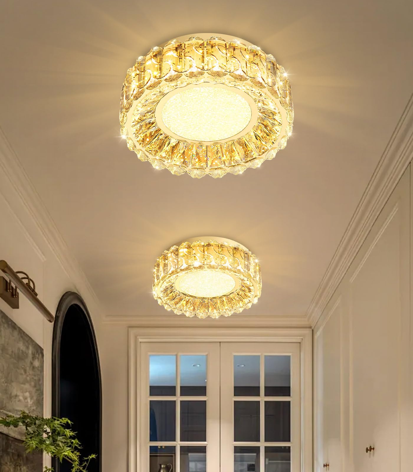 AFQEJG 12 Inch Dimmable Crystal Chandelier Modern LED Flush Mount Ceiling Light Fixtures for Bedroom Hallway Staircase Gold