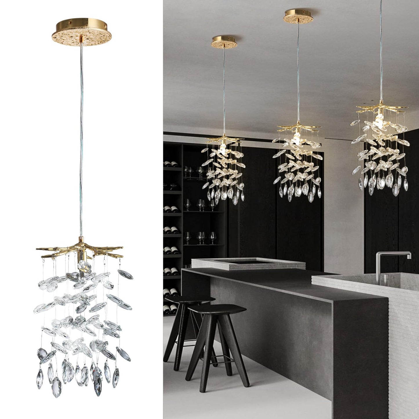YUYI 8.3" Crystal Pendant Light for Kitchen Island, Modern Gold Tree Branch Chandeliers, Luxury Round Raindrop Chandelier Pendant Lights Fixture for Dining Room, Living Room, Bedroom, Foyer, Entryway