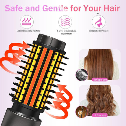 Cordless Hair Curling Iron Brush, Travel Curl Brush, 3-in-1 Portable Curling Iron Cordless, Plasma Thermal Hair Brush, 7000mAh USB Rechargeable Curlings Wand, Mini Hot Curlings Brush-Blush Pink