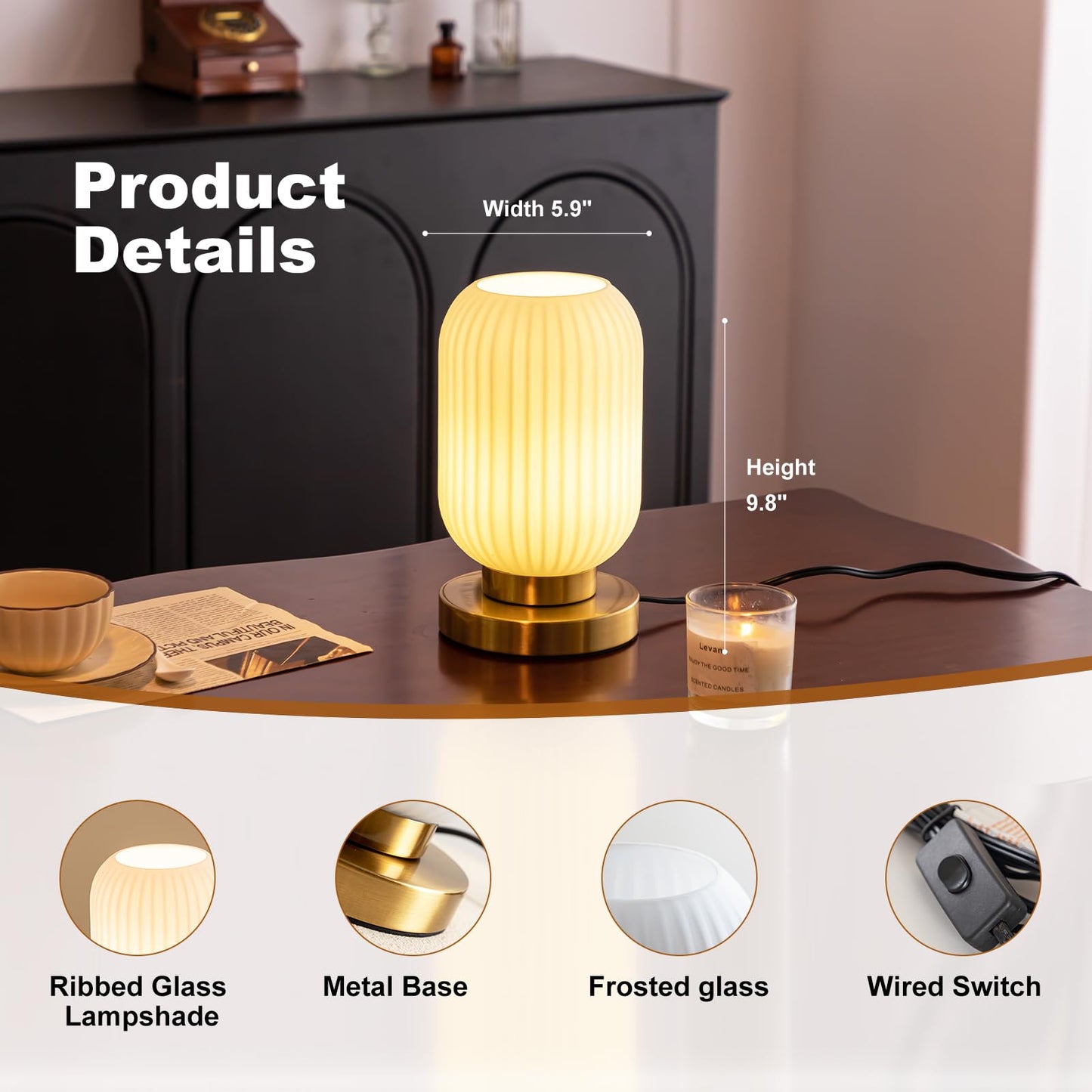 HSMKL Modern Ribbed Glass Table Lamps Mid Century Bedside Light Small Nightstand Lamp with Plug-in Style, E26 Ambient Lighting for Bedroom Living Room Tabletop, Milky White