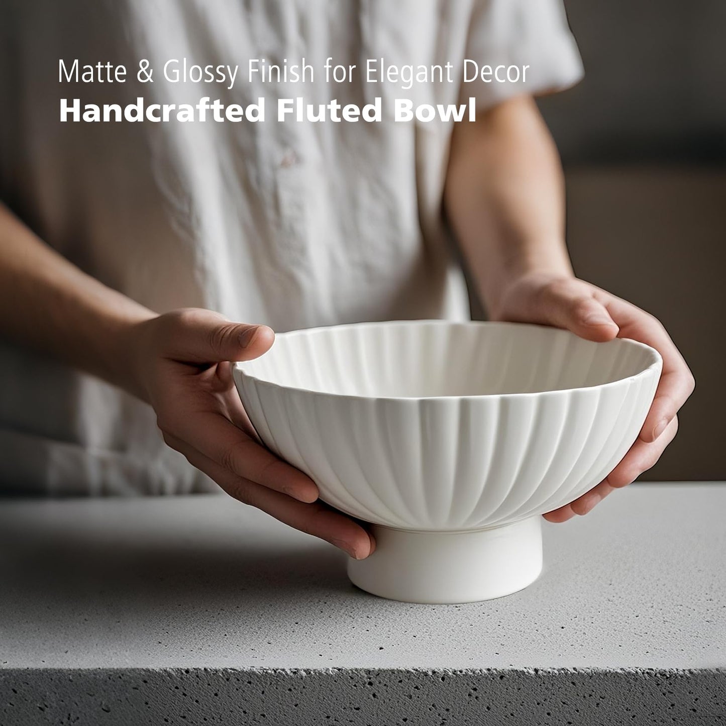 Modern 8 Inch White Ceramic Fruit Bowl - Small Footed Pedestal Fruit Bowl for Kitchen Counter, Farmhouse Chic Centerpiece for Dining Coffee Table & Home Decor,Key Ruffle Bowl for Entryway Table ﻿
