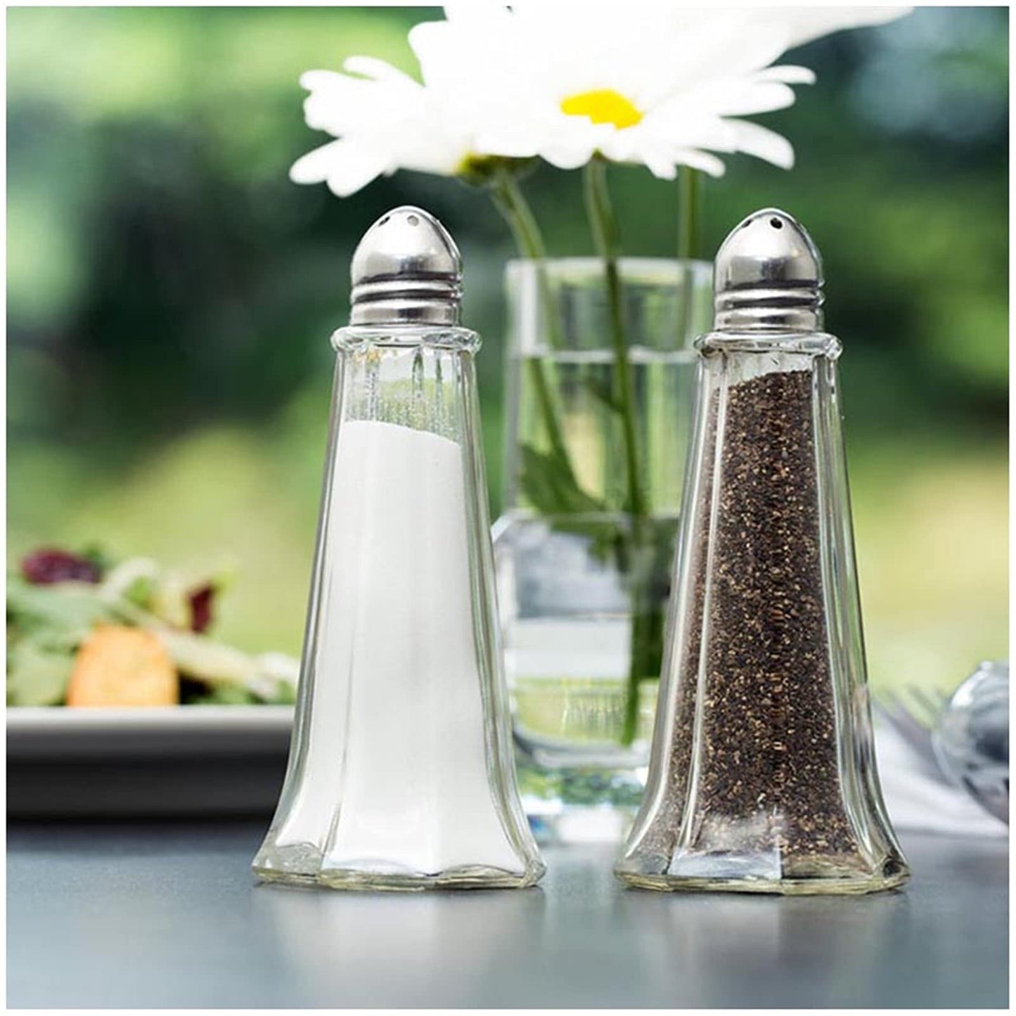 Yopay 12 Pieces Salt and Pepper Shaker Set, 1 oz Tower Glass Body Mini Restaurant Shakers with Stainless Steel Lids, Clear Curved Design