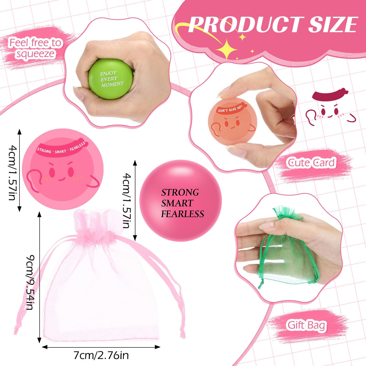 Meooeck 60 Set Stress Ball Gift with 60 Card 60 Organza Bag Motivational Stress Balls for Adult Employee Appreciation Gift Stresses Relief Balls with Inspirational Quote for Office Team Coworker Staff