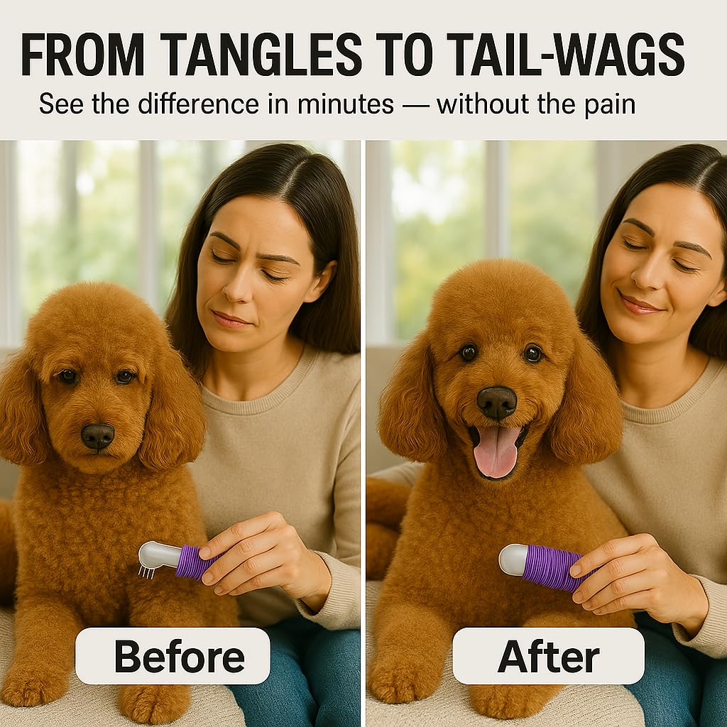 Poodle Pet Dematting Fur Rake Comb Brush Tool with Long 2.5” Steel Safety Blades for Detangling Matted or Knotted Undercoat Hair, Safe Grooming Accessories for Dogs, Longhaired Cats, Rabbits, Horses
