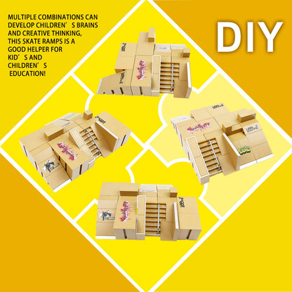 IOUGDSEC Skate Park Kit Ramp Parts for Finger Skateboard Park Kit Part Training Props with 4 Finger Decks 2 Finger Bike 1 Pair Skates and 1 Scooters