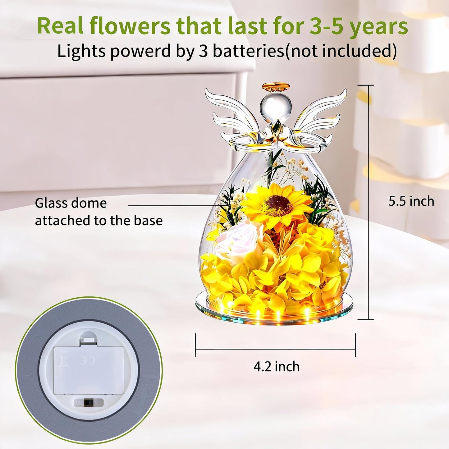 Angel Glass Dome with LED Lights, Preserved Sunflower and Rose Arrangement, Crystal Wings Topper,for Mother's Day,Valentine's Day,Birthday,for Indoor,for You to Send Love for All Occasions