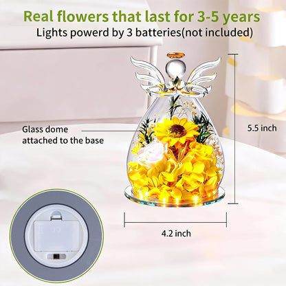 Angel Glass Dome with LED Lights, Preserved Sunflower and Rose Arrangement, Crystal Wings Topper,for Mother's Day,Valentine's Day,Birthday,for Indoor,for You to Send Love for All Occasions