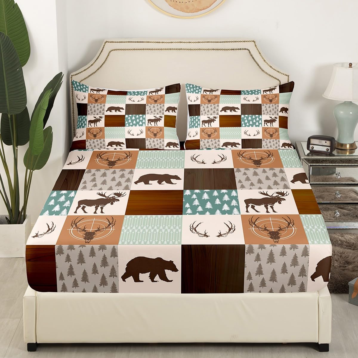 Castle Fairy Wild Animal Hunting Bed Sheet Set King Size,Rustic Bear Deer Antler Arrow Patchwork Fitted + 1 Flat 2 Pillowcases,Green Plaid Retro Country Board Breathable Mattress Cover, Bedroom Decor