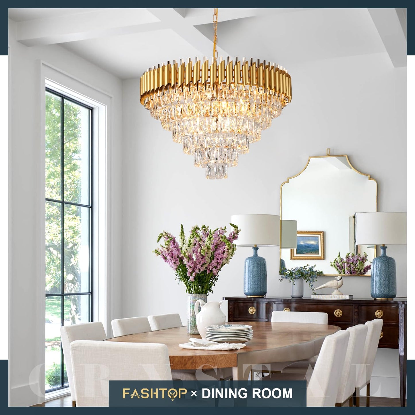Fashtop K9 6-Tiers Modern Gold Crystal Chandelier 30'' Contemporary Crystal Pendant Chandeliers Light Fixture 16 Lights for Living Room Dining Room Bedroom Entryway Foyer High Ceiling，E12 Base ﻿ ﻿