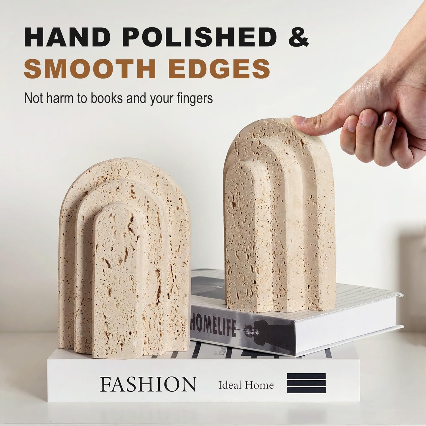 Natural Marble Book Ends - Heavy Duty Bookends for Shelves - Aesthetic Layered Arch Design Stone Book Holders, Unique Modern Office Bookshelf Stopper Decor for Books/CDs(Travertino Turkey)