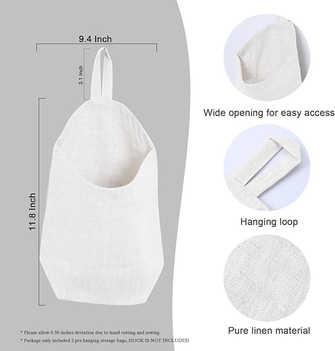 100% Linen Hanging Storage Bags Baskets 2 Pcs, Small Wall Storage Bag