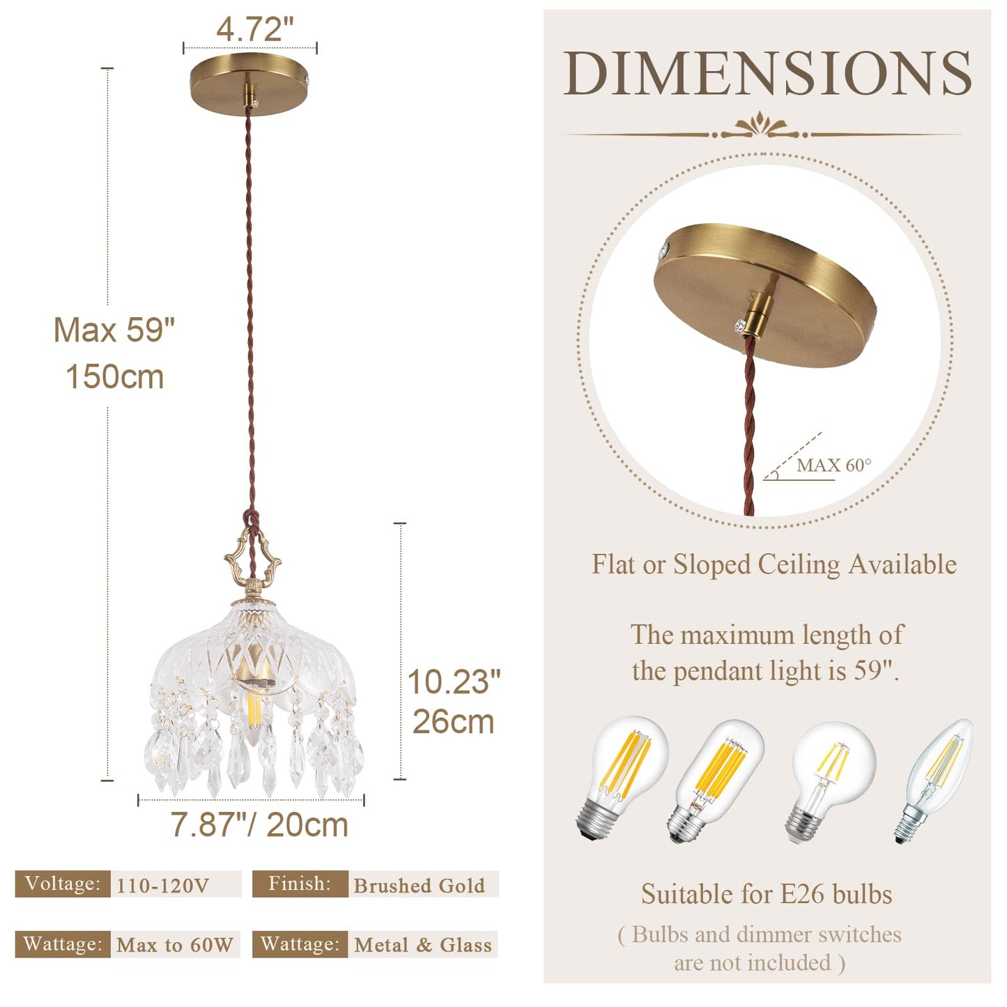Bgfeoa Pendant Light with Glass Shade, Vintage Chandeliers 7.87 Inch E26 Base, Crystal Hanging Light Fixtures for Kitchen Island, Living Room, Dining Room 1 Light(Bulb Not Included)