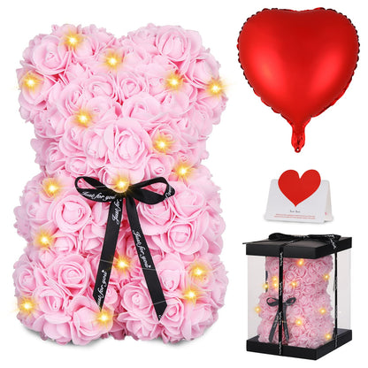 Rose Bear Christmas Flower Gifts for Mom Grandma, Rose Teddy Bear with Lights, Cute Teddy Flower Bear, Cute Romantic Gifts for Wife Girlfriend with Transparent Gift Box and Love Card