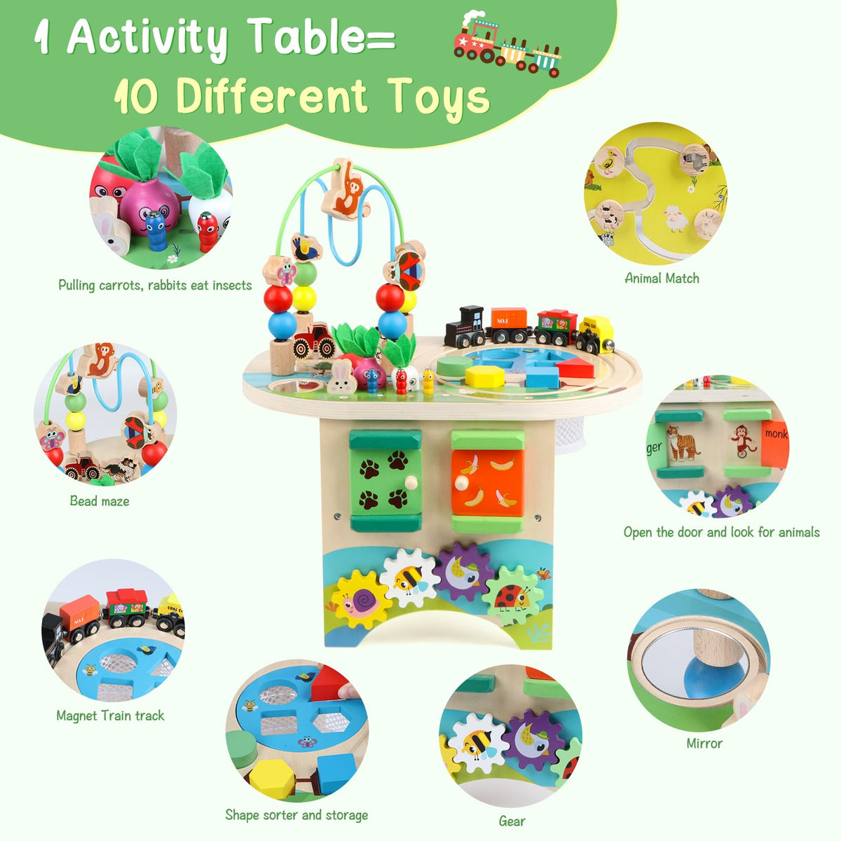 Gemileo Activity Table for 1 Year Old Montessori Educational Learning Toys for 1 2 Year Old Girls Boys Toddlers Baby 12-18 Months 1st First Birthday Gifts 10 in 1 Wooden Bead Maze Sensory Center Toys