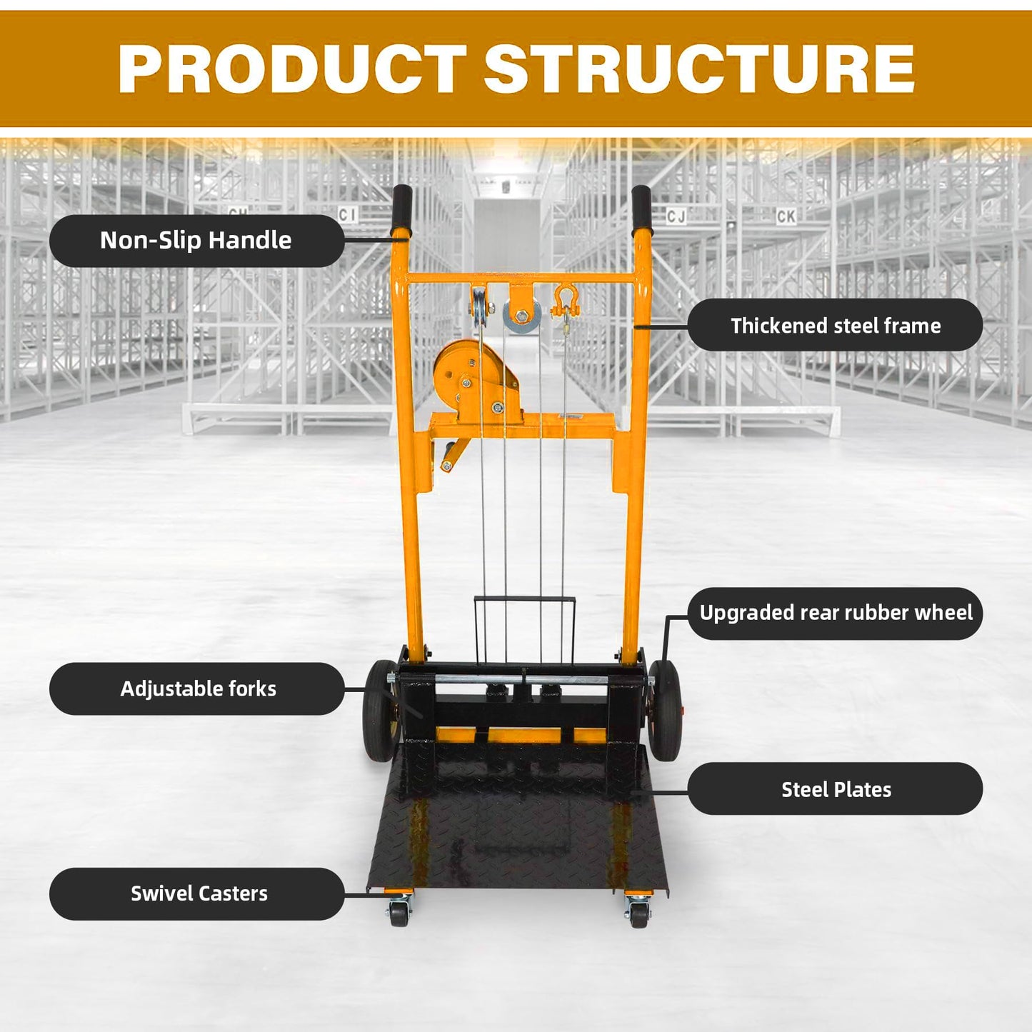 APOLLOLIFT Material Lift Winch Stacker, 330 lbs Capacity 40.5" Lifting Height, Manual Stacker Pallet Jack Truck Dolly with Swivel Casters and Lift Plate