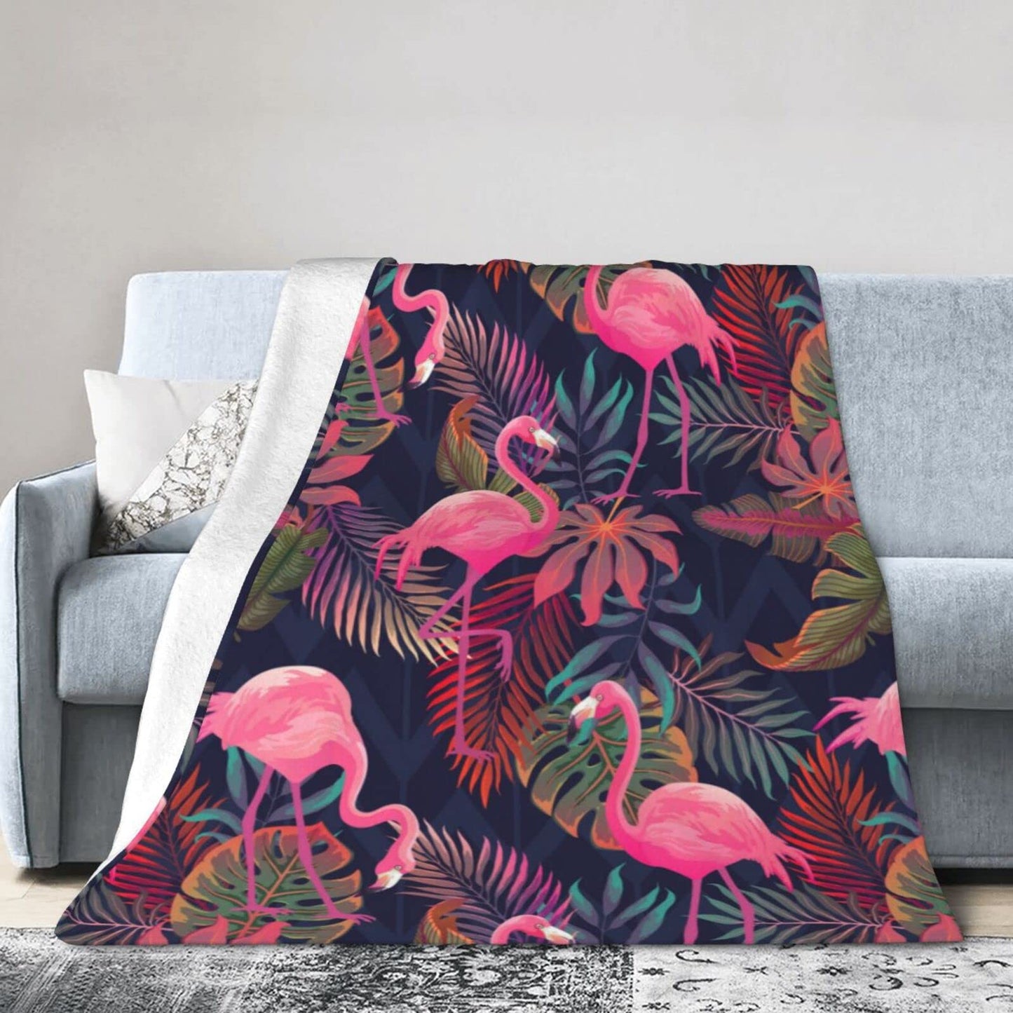 Perinsto Tropical Flamingos with Palm Leaves Throw Blanket Ultra Soft Warm All Season Decorative Fleece Blankets for Bed Chair Car Sofa Couch Bedroom 50"X40"