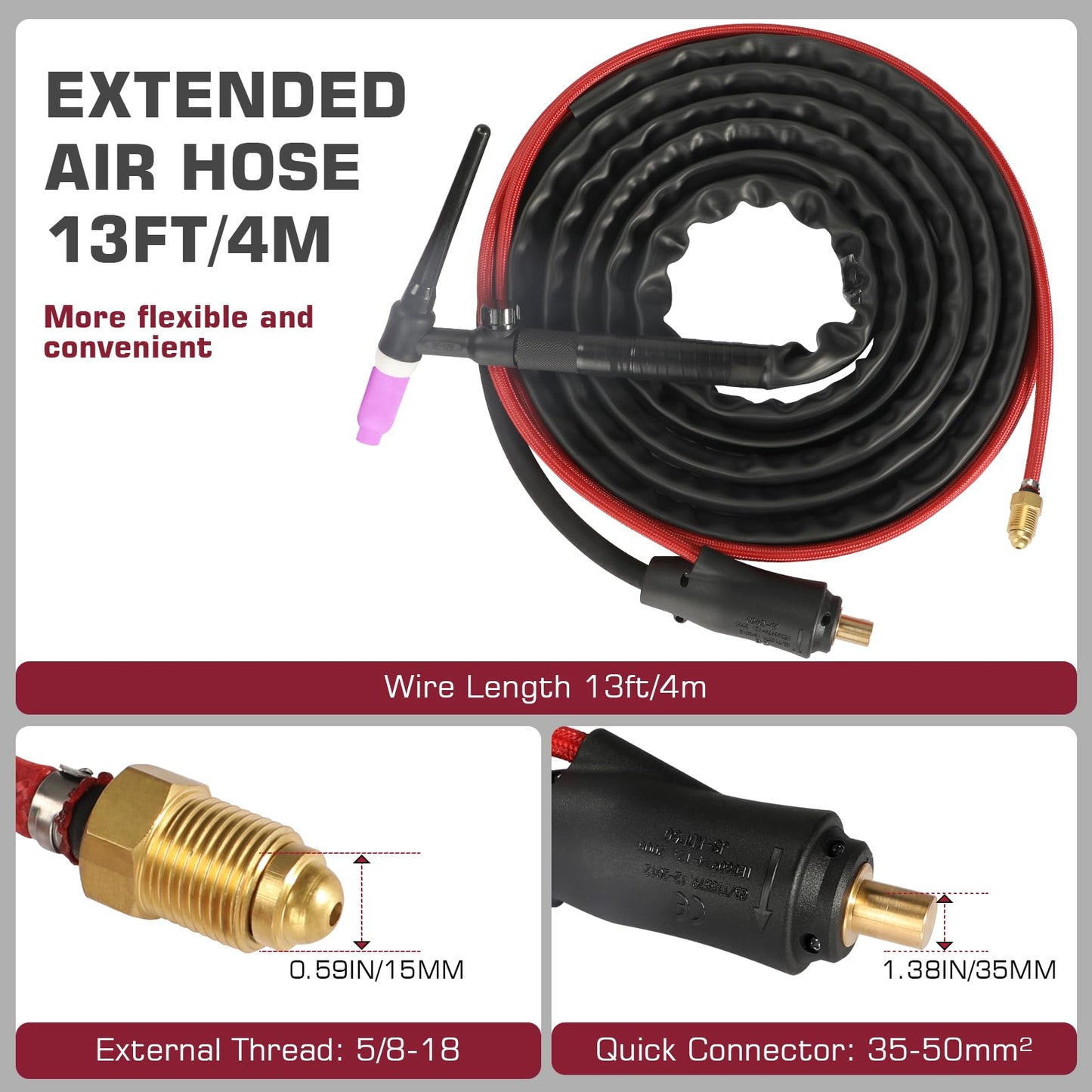 ARCCAPTAIN TIG Welding Gun, WP-17V Argon TIG Torch with 13FT Red Air Hose and 35-50mm Connector, Lift Tig Torch 150amp with 13FT Cable for ARCCAPTAIN ARC200, MIG200, MIG250, ARC205 Pro and MIG205 Pro