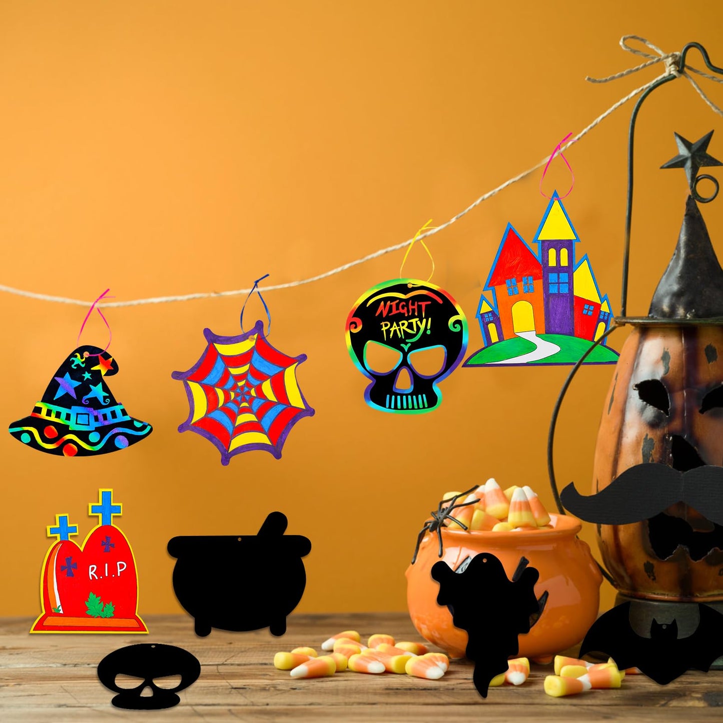 Max Fun Halloween Crafts for Kids Scratch Off Art Paper Cards 48Pack, Magic Rainbow Ornaments Hanging Supplies Educational Toys Kit Halloween Party Games Favor