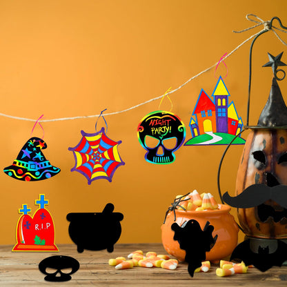 Max Fun Halloween Crafts for Kids Scratch Off Art Paper Cards 48Pack, Magic Rainbow Ornaments Hanging Supplies Educational Toys Kit Halloween Party Games Favor