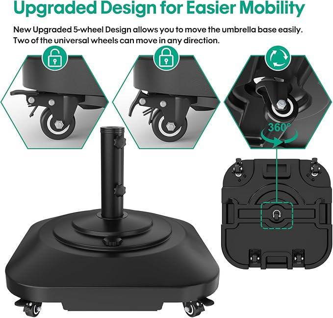 Umbrella Base with Wheels, Umbrella Stand Base Heavy Duty 100lb Windproof, Fillable Umbrella Base Mobile Square Umbrella Stand Outdoor Base for Patio, Deck, Poolside, Lawn, Fits Most Sized Umbrellas