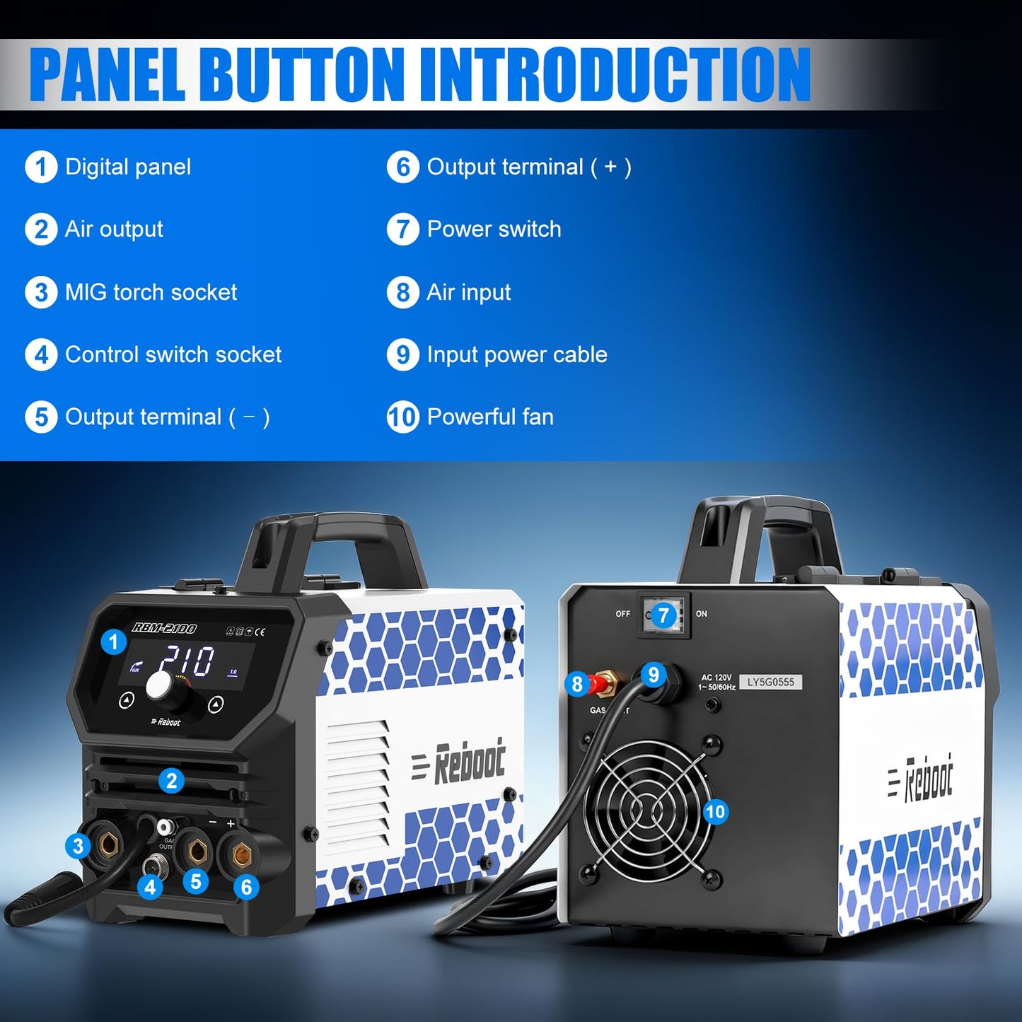 Reboot 210A MIG Welder 120V 4 in 1 Welding Machine Gas/Gasless Flux Core/Lift TIG/Stick Large Digital Led Display with IGBT Inverter RBM2100