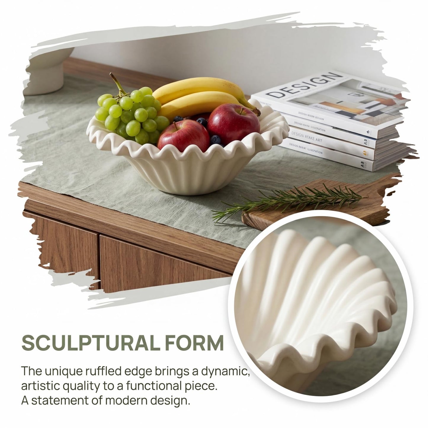 Prygew Large Decorative Bowl, 10 Inch White Ceramic Fruit Bowl for Kitchen Counter, Modern Scalloped Ruffle Key Bowl Decor for Jewelry, Entryway, Dining, Coffee Table