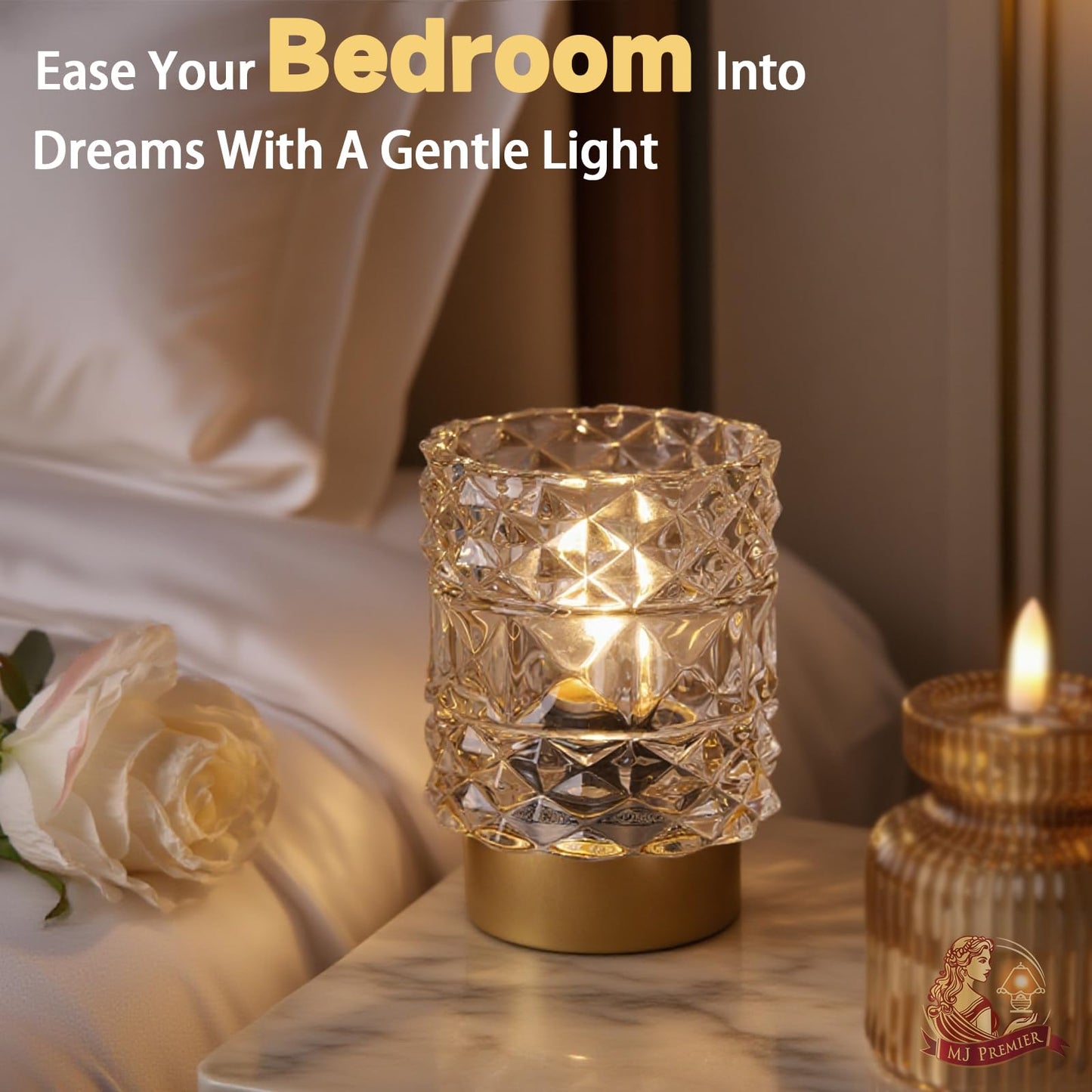 MJ PREMIER Battery Operated Lamp with Timer, Cordless Table Lamps for Shelf Decor, Rhombus Texture Aesthetic Crystal Lamp, Small Decorative Lamps for Bedroom/Bathroom/Kitchen/Entryway/Dorm (Clear)