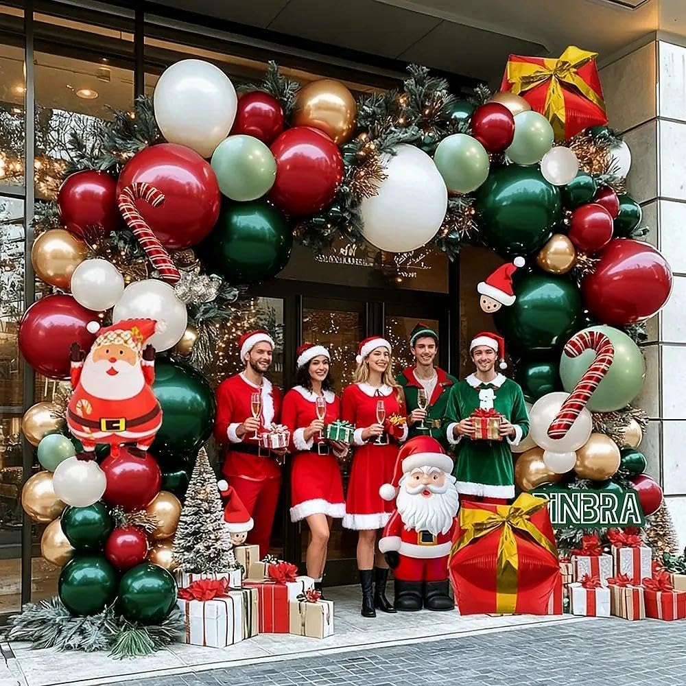 Christmas Balloon Arch Kit, Double Stuffed Dark Green Red Pearl White Gold Balloons Emerald Green Burgundy Balloon Garland for Christmas New Year Xmas Birthday Wedding Festival Party Decorations