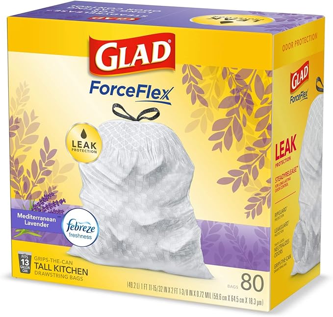 Glad ForceFlex Tall Kitchen Trash Bags, 13 Gallon, Gain Lavender