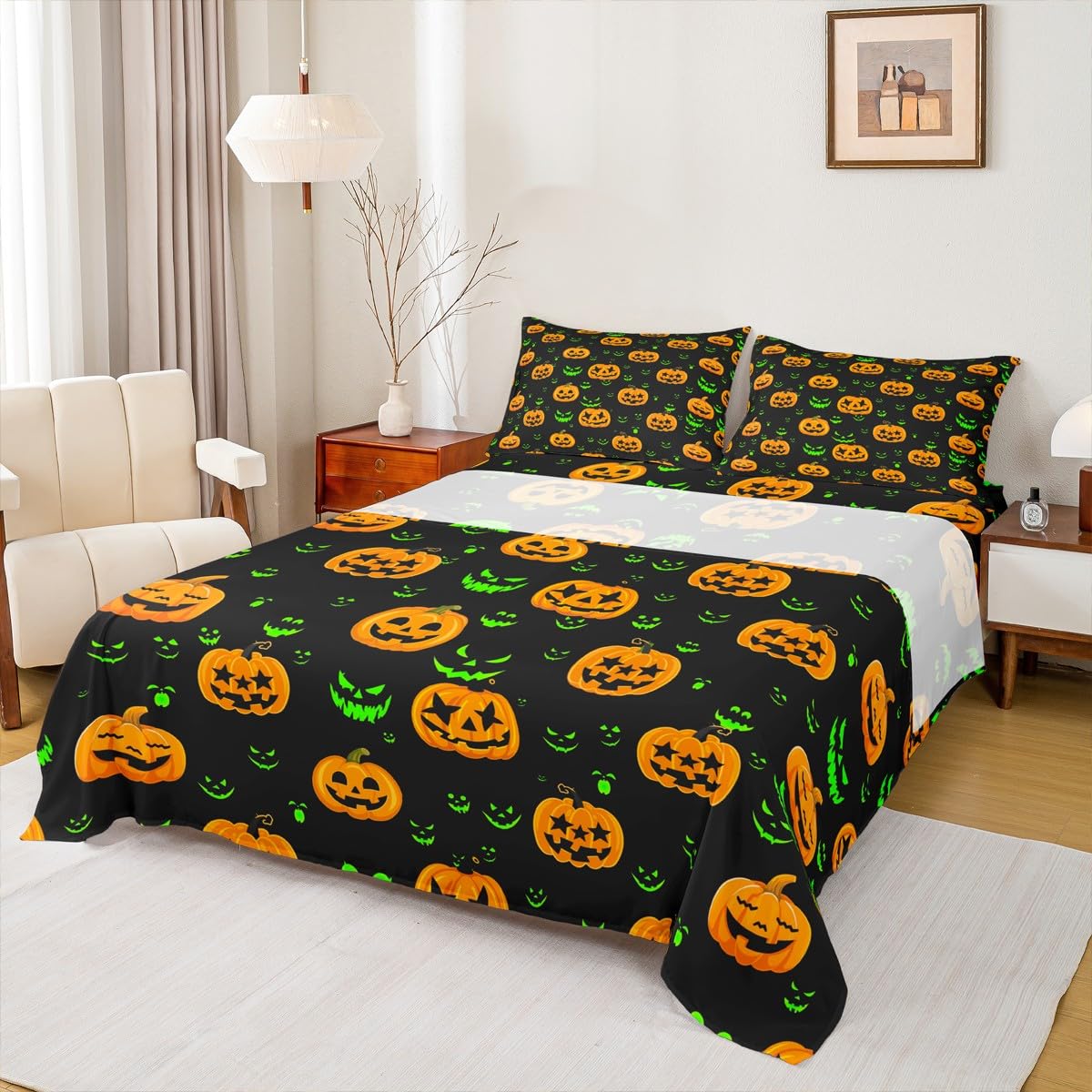 Halloween Fitted Sheet Set 4 Pieces Full Size, Holiday Theme Yellow Pumpkin Lantern and Green Gothic Sheet Set for Children Present, Bedding Set & 1 Flat Sheet & 2 Pillowcases