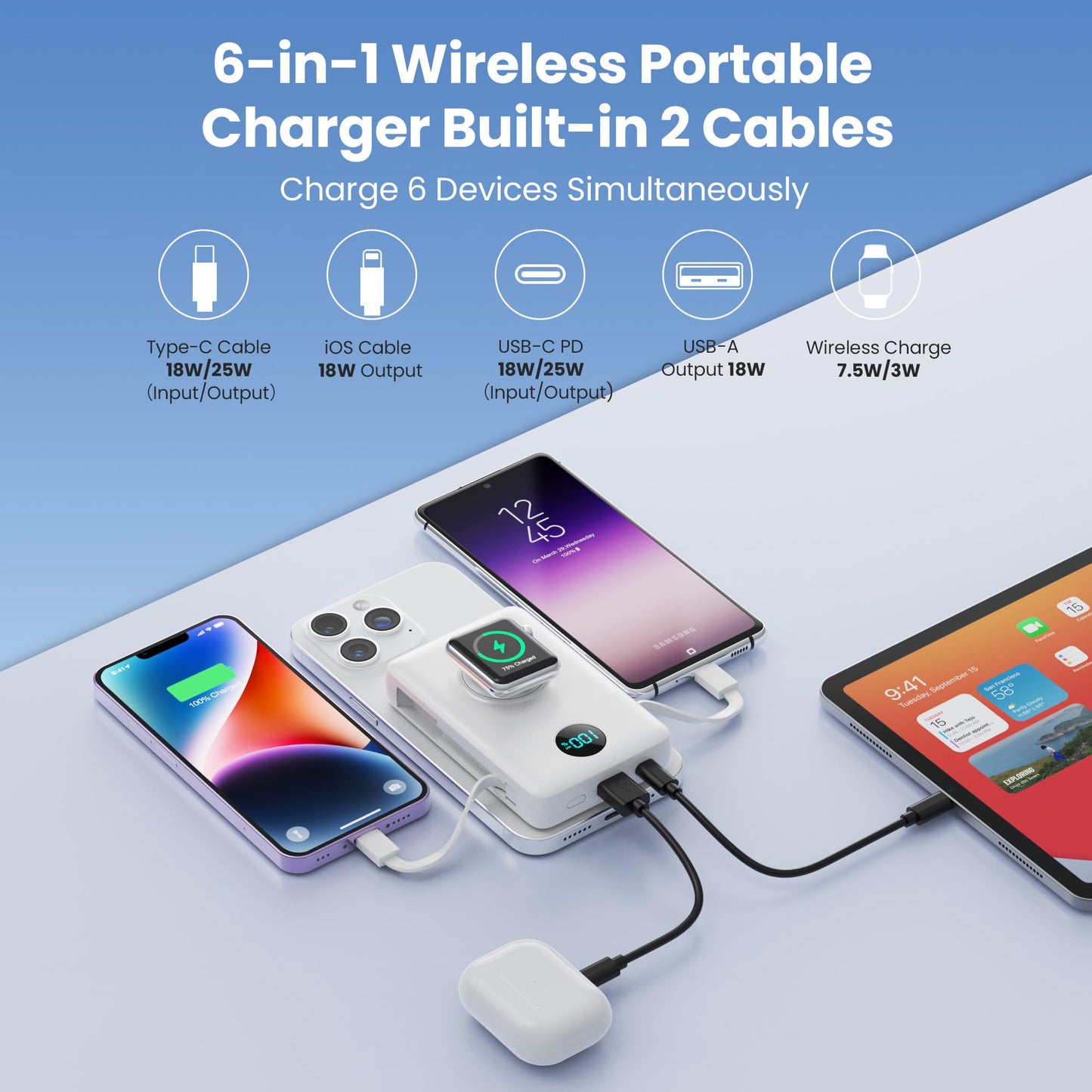 Magnetic Portable Charger 10800mAh for iPhone with Built-in Cables, 6-in-1 Wireless Power Bank with iWatch Charger, LCD Display 25W PD Fast Charging Battery Pack for iPhone 16/15/14/13/12, Apple Watch