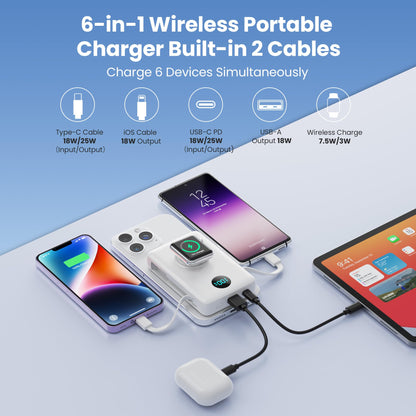 Magnetic Portable Charger 10800mAh for iPhone with Built-in Cables, 6-in-1 Wireless Power Bank with iWatch Charger, LCD Display 25W PD Fast Charging Battery Pack for iPhone 16/15/14/13/12, Apple Watch