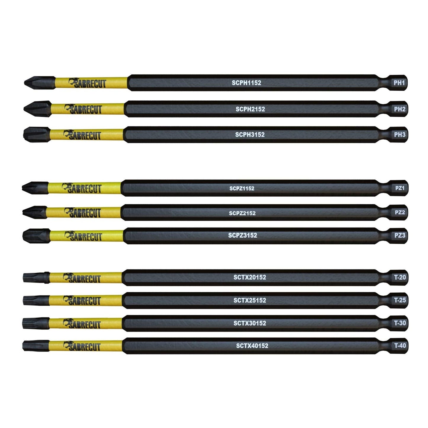 10 x SabreCut SCRK152 152mm PZ1 PZ2 PZ3 PH1 PH2 PH3 TX20 TX25 TX30 TX40 Magnetic Impact Screwdriver Driver Bits Set Pozi Pozidriv Phillips Torx