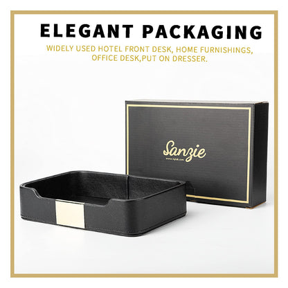 SANZIE Luxury Leather Tray Desktop Storage Catchall Organizer Decorative Tray for Entryway Table to Hold Jewelry Watch Keys Phone Wallet (Metal Gilded, Black)