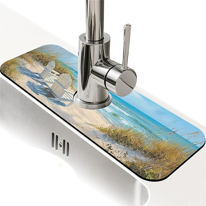 Kitchen Sink Splash Guard，Beach-scene Faucet Mat Sink Gadgets-Super Absorbent